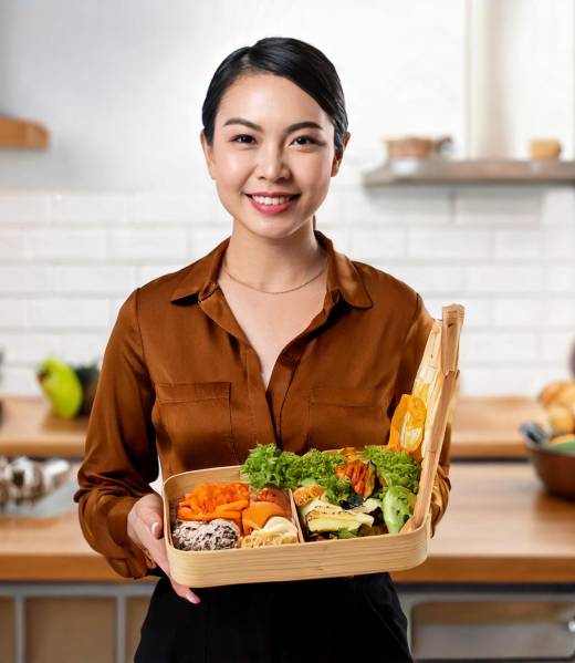 Firefly asian model holding a healthy food pack bento for sale, kitchen background 61419